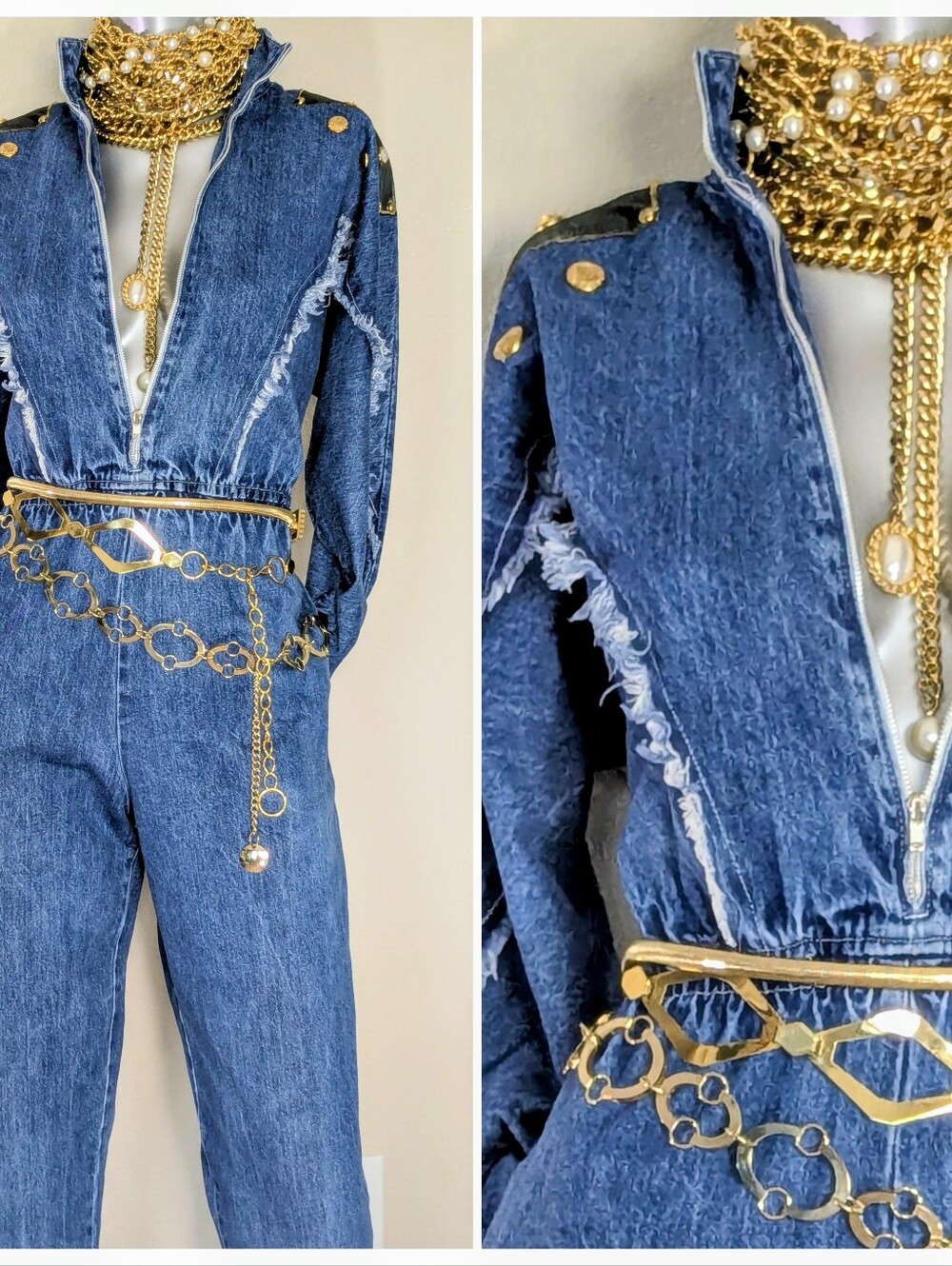 ViNTage 80S Utilitarian Effortless Gold Frayed Accents Denim Relaxed Jumpsuit